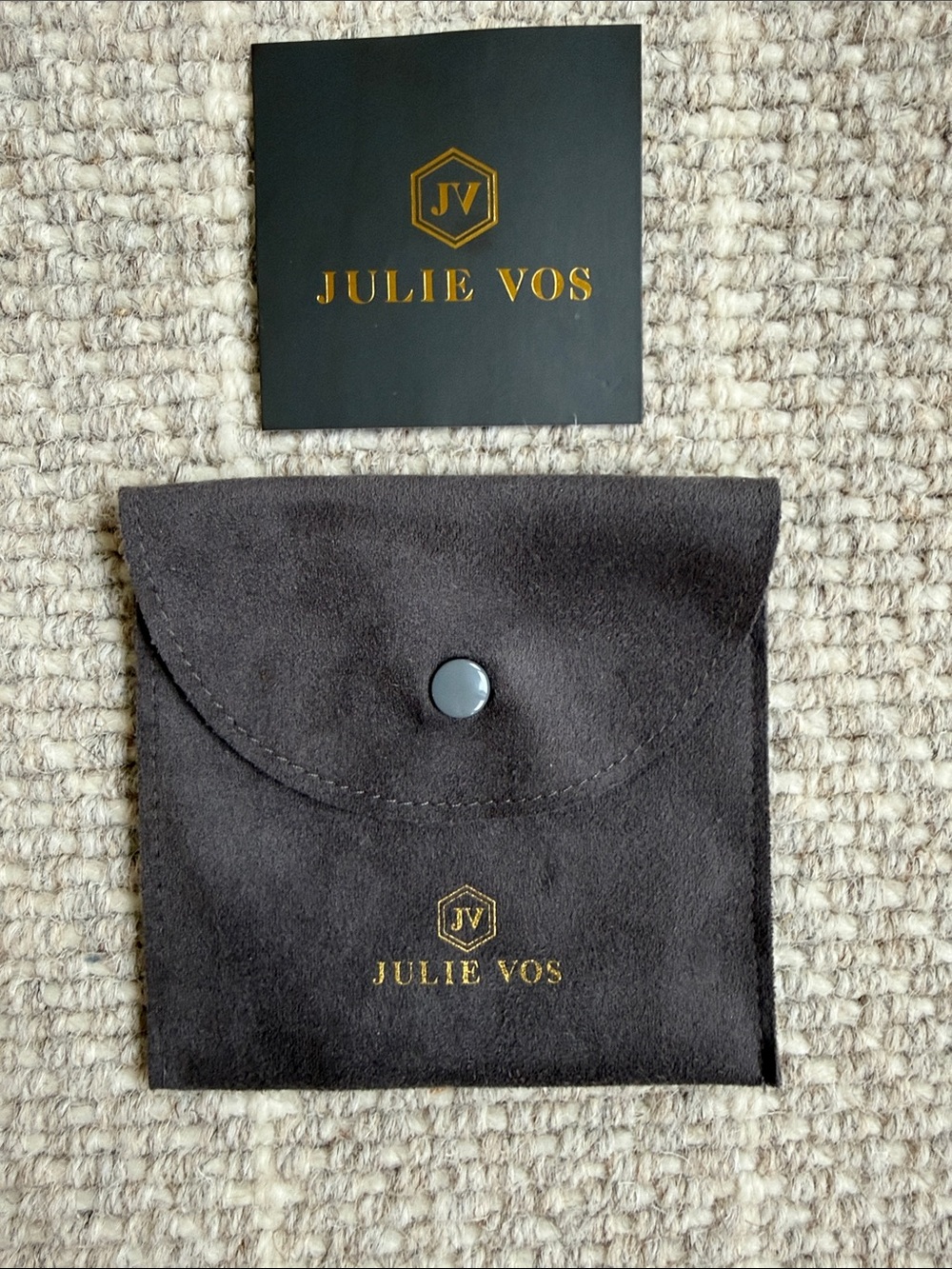 Julie Vos Black Suede Accessory Pouch with Gold Logo and card